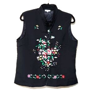 SKDM Silkdream Beautiful Floral Embroidered Chinese Style Black Silk Vest